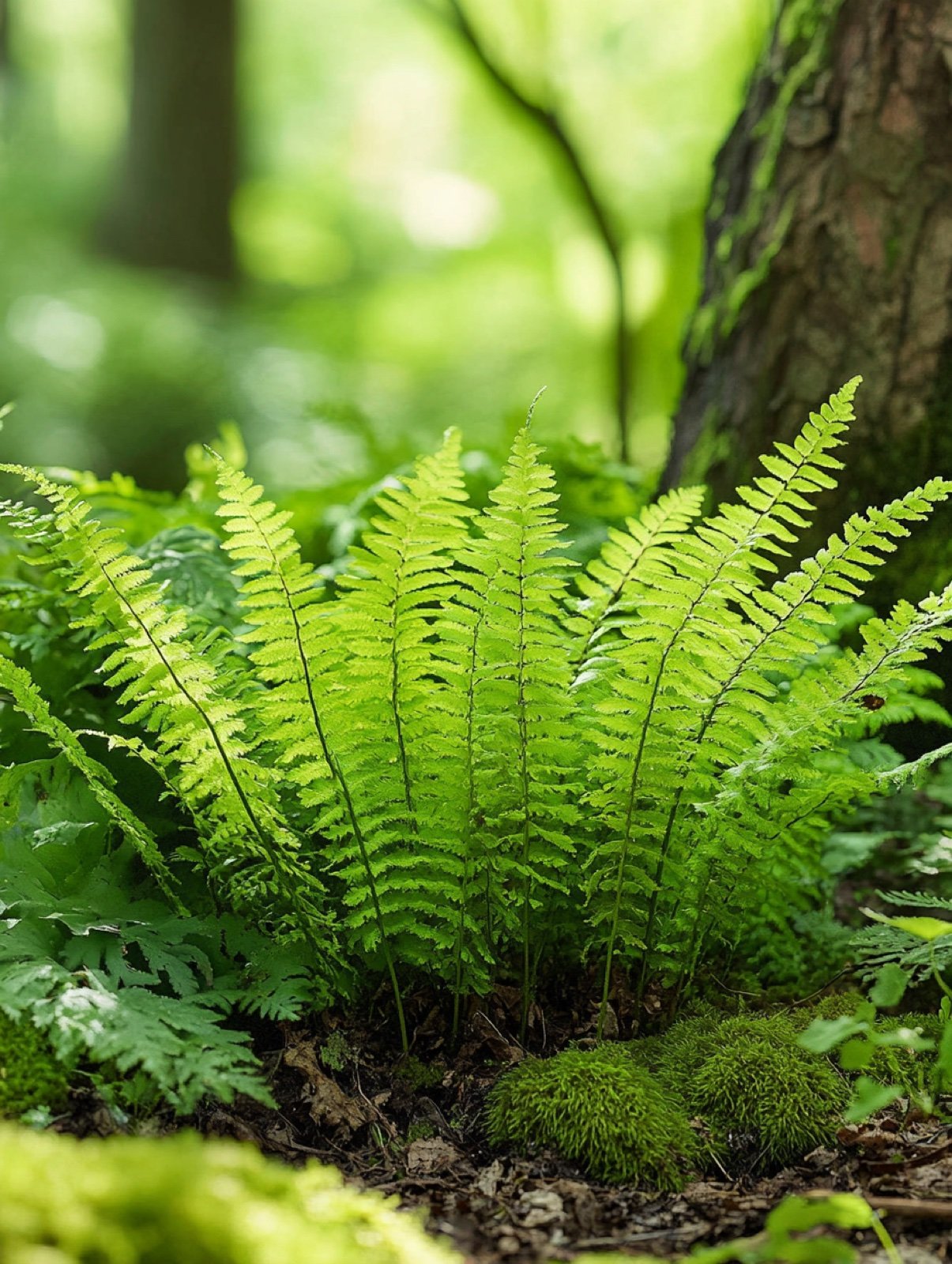 Matteuccia struthiopteris — vertikale grüne Blatttrichter bilden Fontänen im Schattenwald