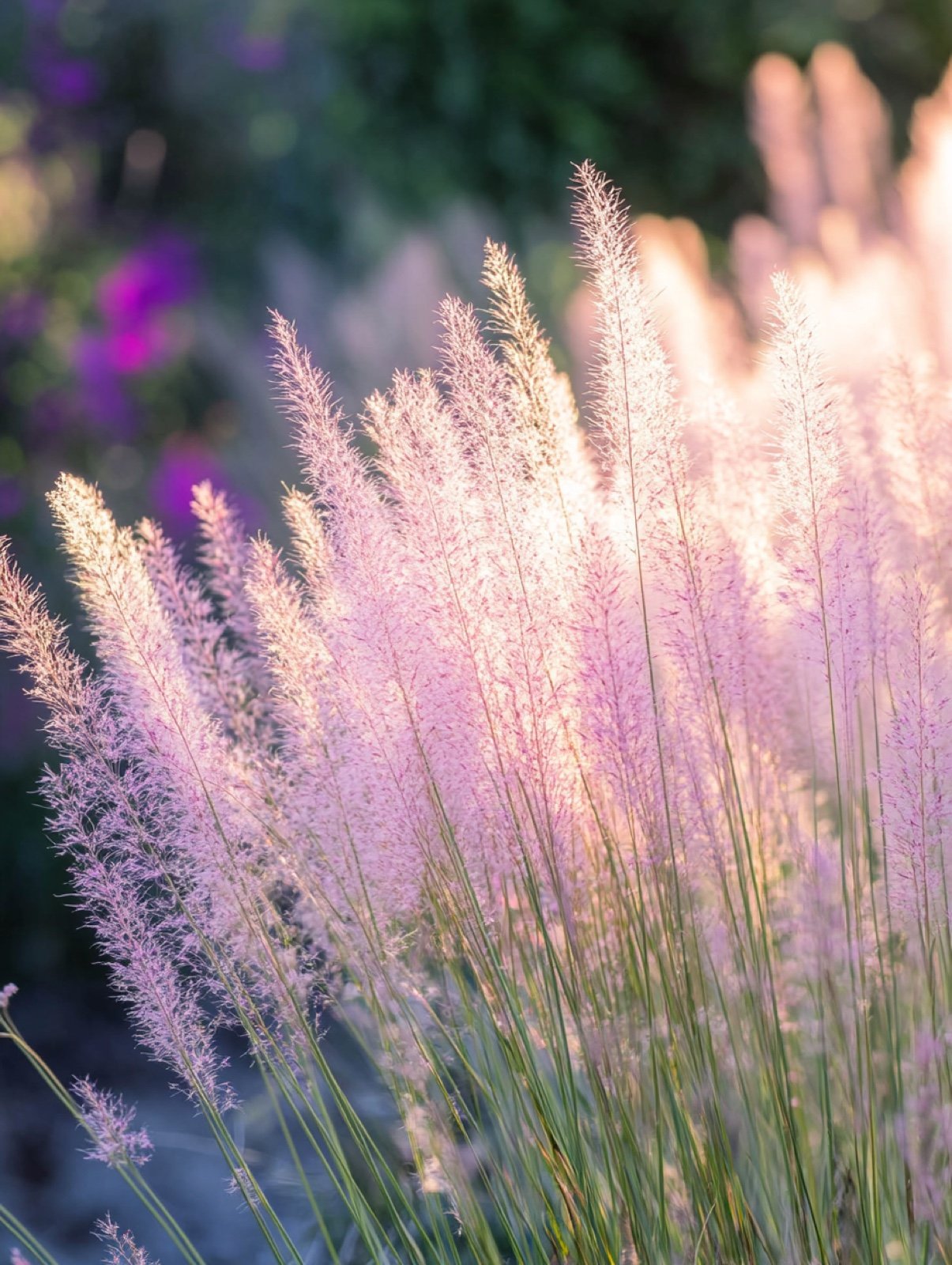 Muhlenbergia capillaris — rosa-violette Wolke aus feinen Blütenrispen über schmalem grünem Laub im Herbstlicht