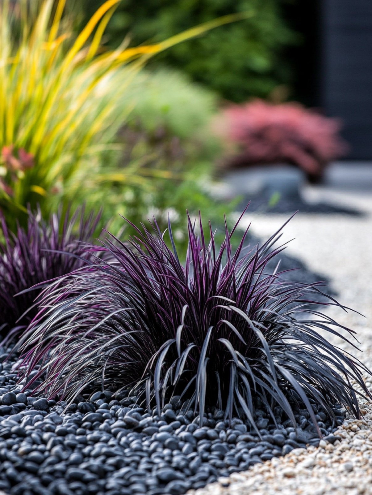 Ophiopogon planiscapus 'Niger' — schwarze grasartige Horste mit glänzendem Laub als grafischer Teppich
