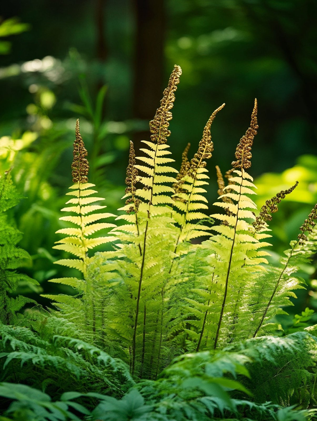 Osmunda regalis — große hellgrüne gefiederte Wedel über feuchtem Teichrand