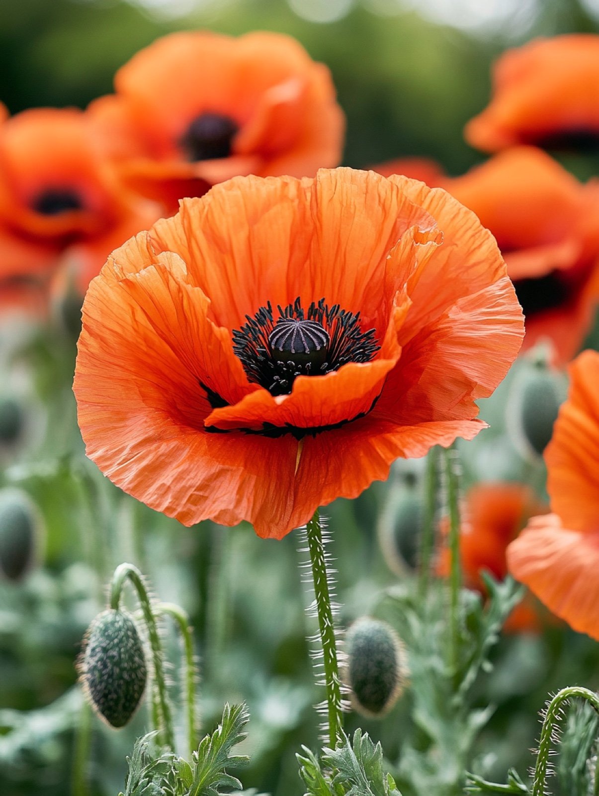 Papaver orientale — riesige orangerote seidige Blüten mit schwarzem Herz über rauem graugrünem Laub