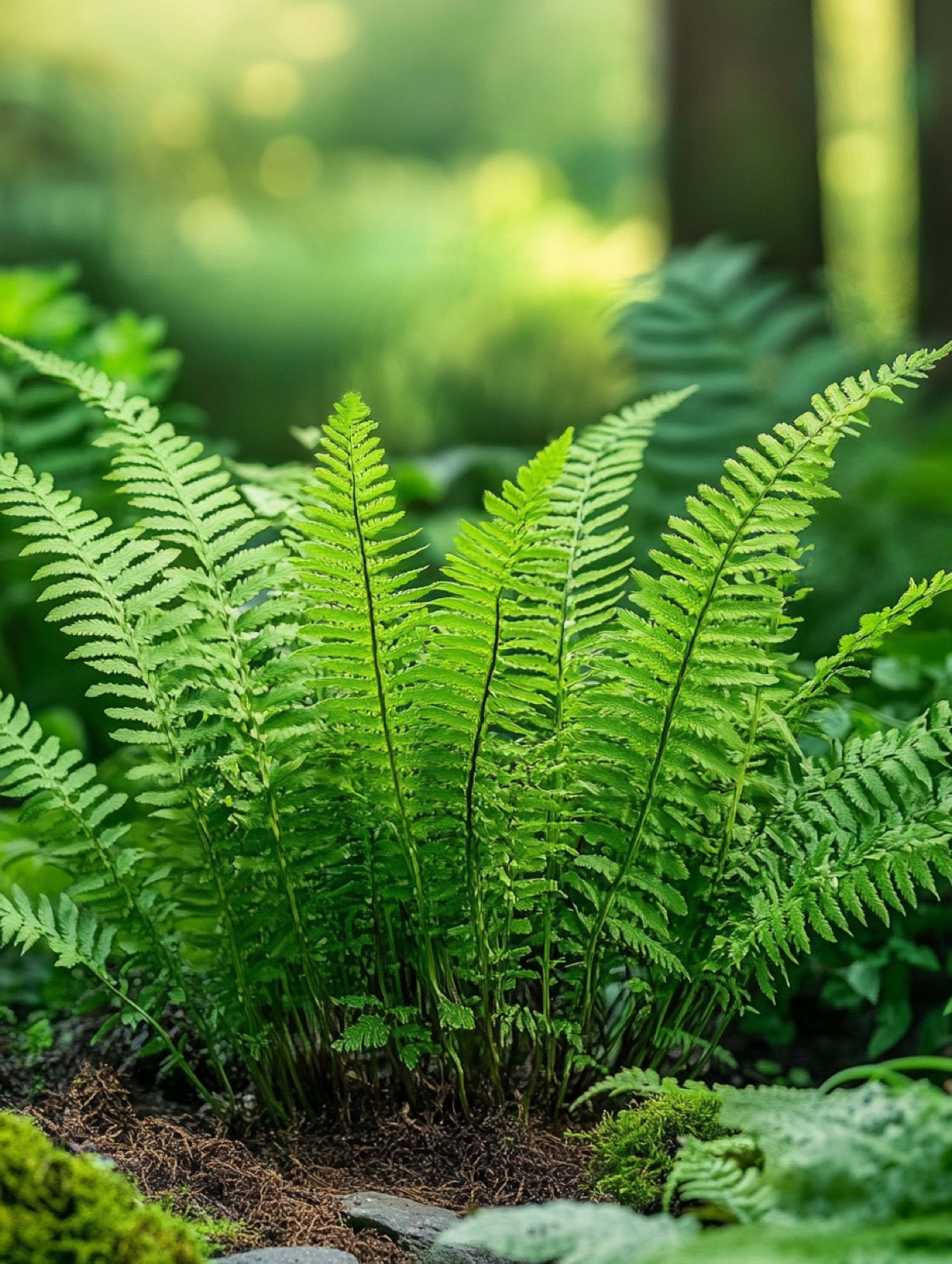 Polystichum setiferum — immergrüne fein gefiederte Farnwedel in weichem Trichter auf schattigem Waldboden