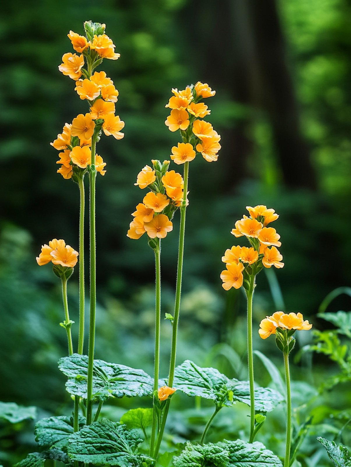 Primula bulleyana — aufrechte Stängel mit Etagen orangegelber Blütenkränze über Rosettenlaub