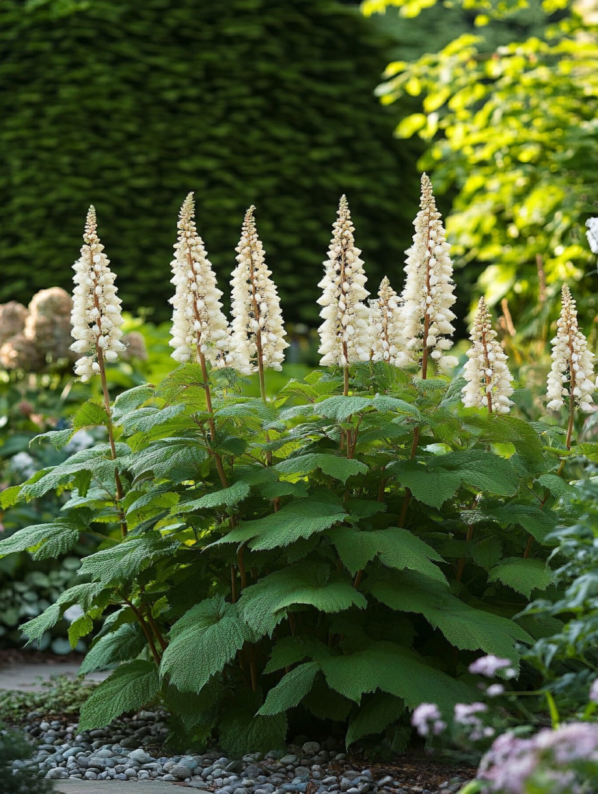 Rodgersia aesculifolia — großes handförmig geteiltes Blatt mit cremeweißer Blütenrispe am Wasserrand