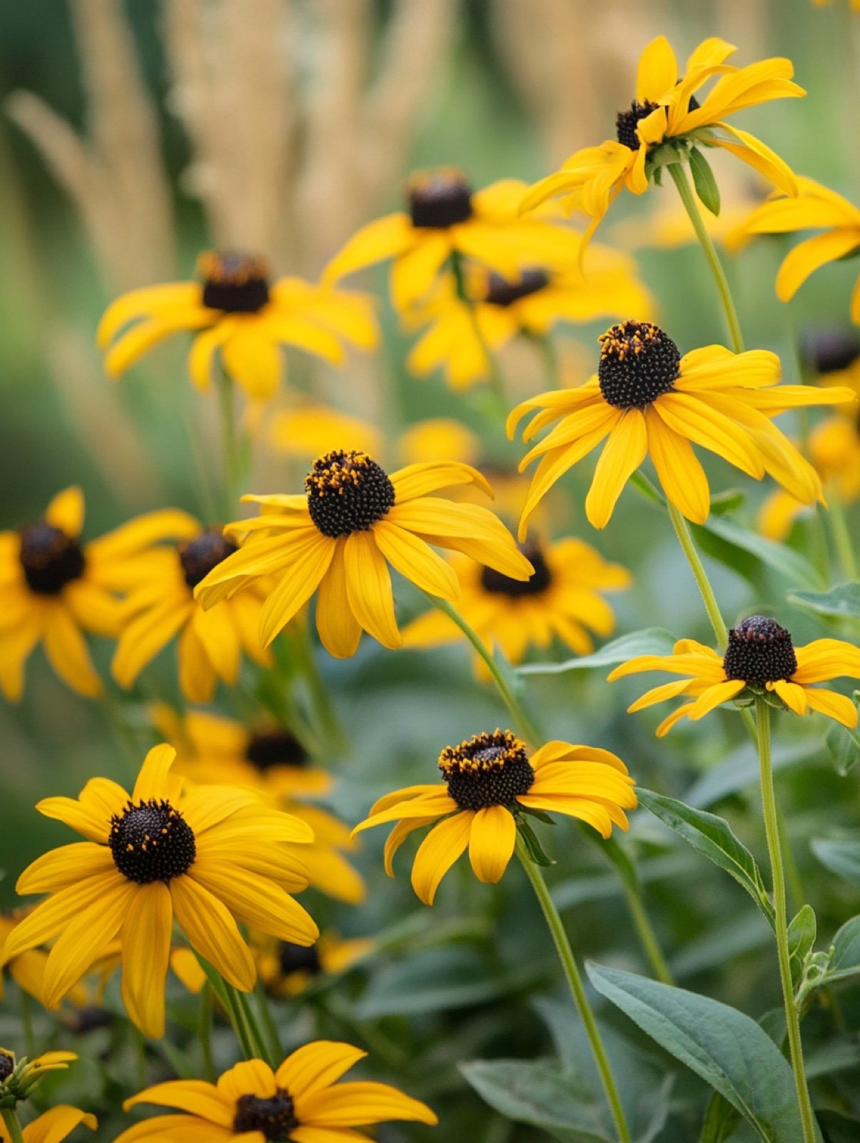 Rudbeckia fulgida 'Goldsturm' — goldgelbe Margeritenblüten mit dunkelbraunem Herz in Augustsonne