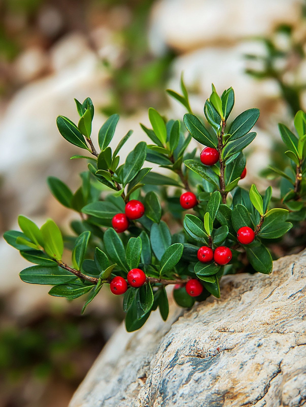 Ruscus aculeatus — steifer wintergrüner Kleinstrauch mit stacheligen Scheinblättern und leuchtend roten Beeren im Waldschatten