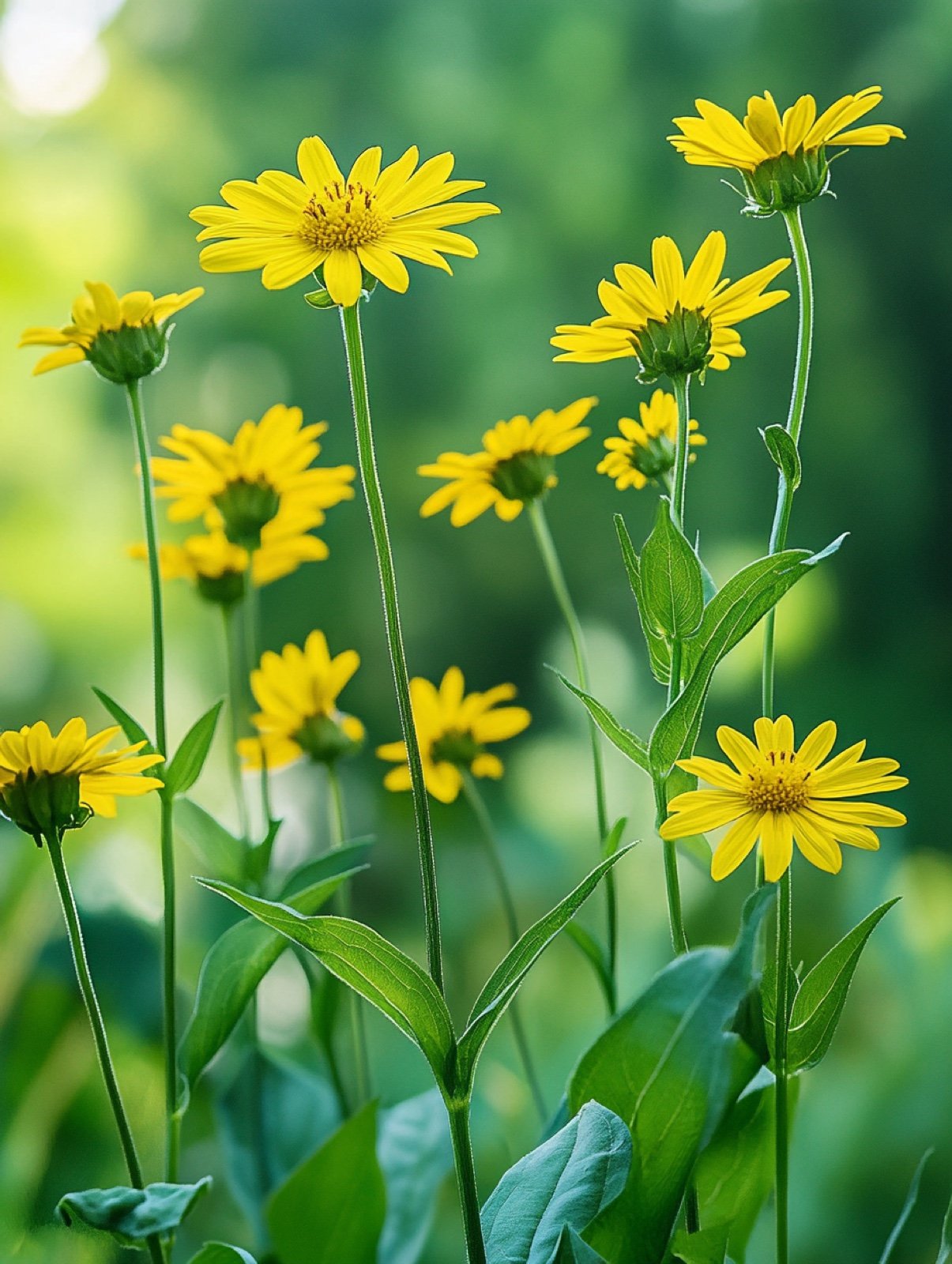 Silphium perfoliatum — hohe vierkantige Stängel mit gelben Blüten und großen Blättern, die um den Stängel einen Wasserbecher bilden