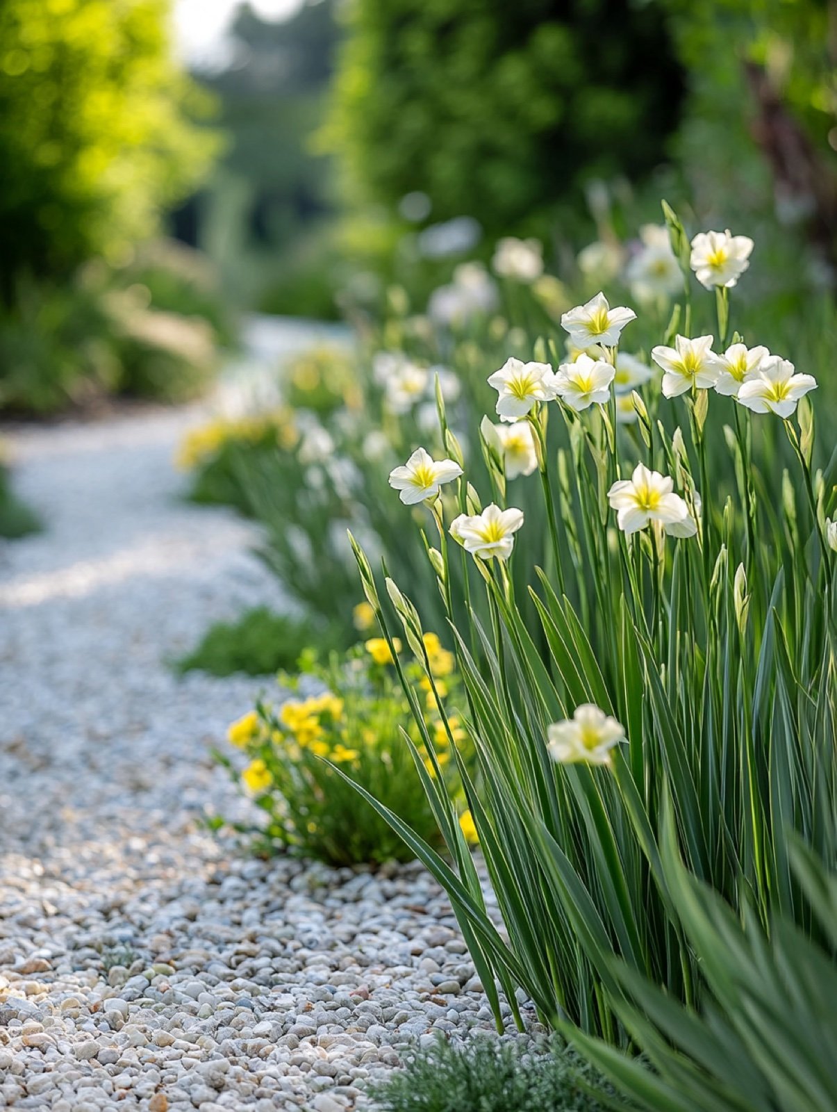 Sisyrinchium striatum — vertikales graugrünes Laub mit cremefarbenen sternförmigen Blüten
