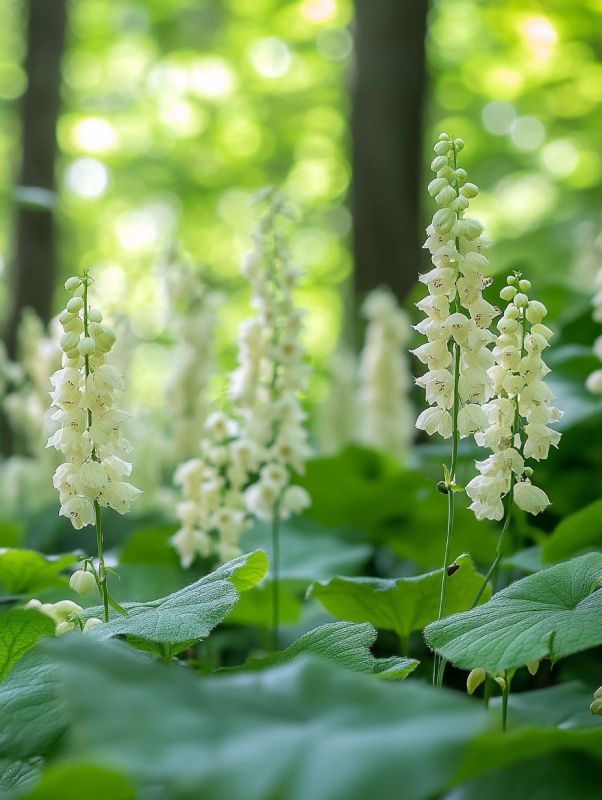Tellima grandiflora — lockere Ähren mit kleinen cremegrünen gefransten Glöckchen über rundem behaartem Laub