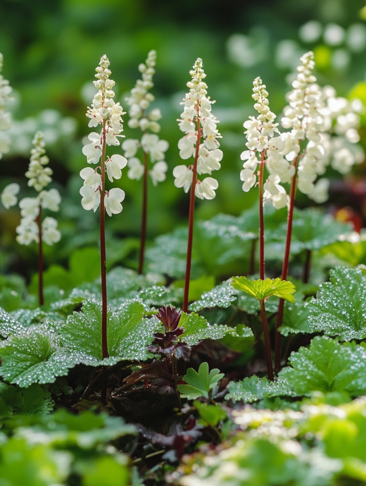 Tiarella cordifolia — schaumige weiße Blütenkerzen über gezeichnetem herzförmigem Laub im Halbschatten