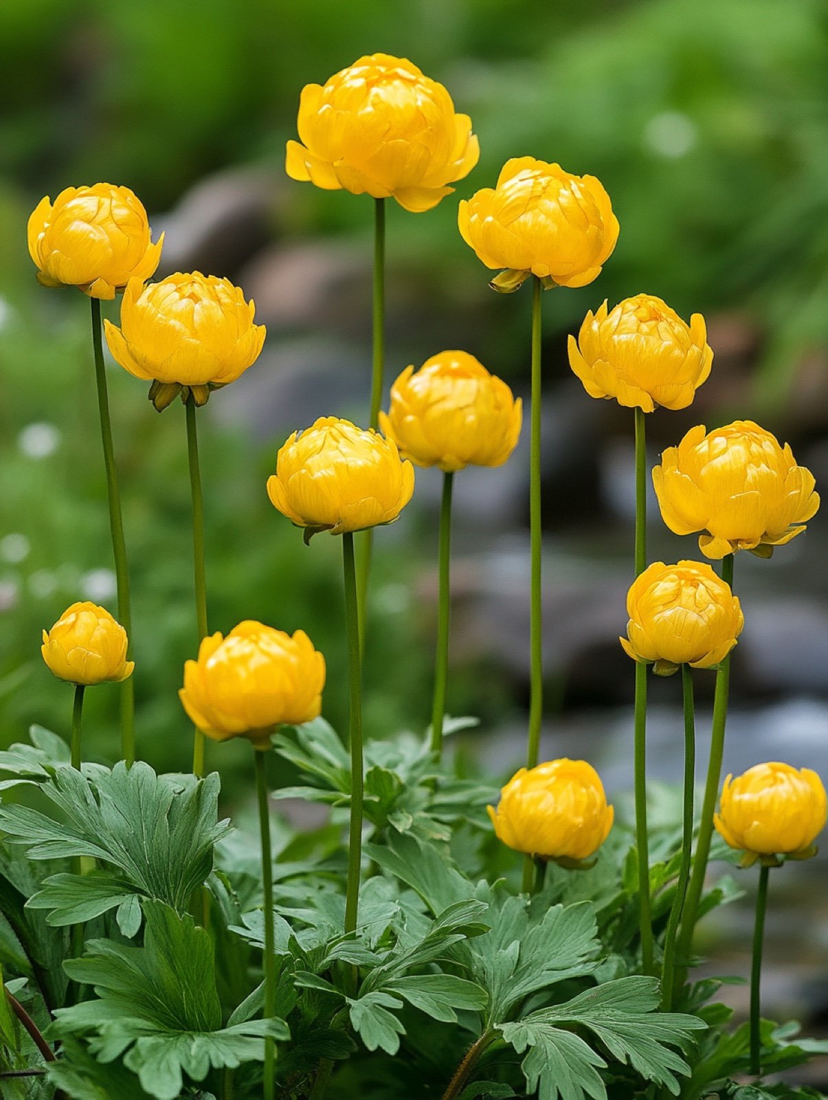 Trollius cultorum — kugelrunde goldgelbe Blüten auf kräftigen Stängeln über tief eingeschnittenem Laub