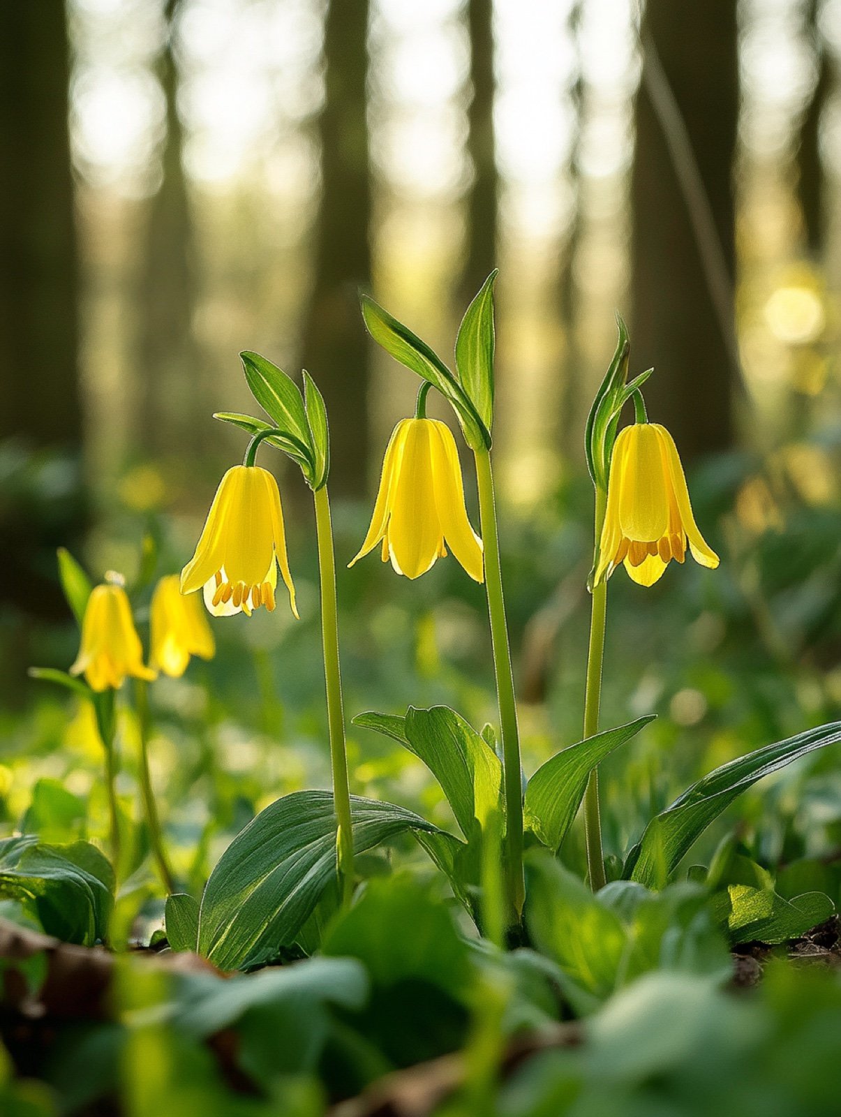 Uvularia grandiflora — hängende zitronengelbe gedrehte Glockenblüten an elegant gebogenen Stängeln