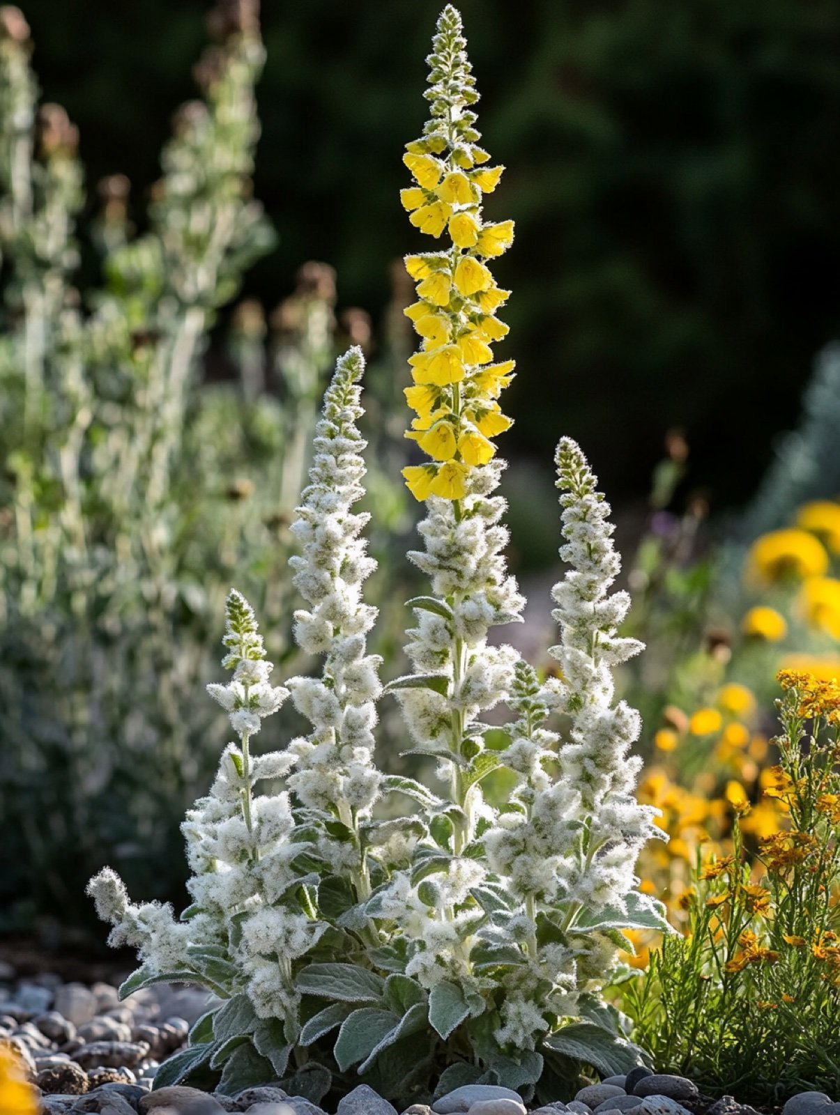 Verbascum bombyciferum — silberne Blattrosette mit vertikaler gelber Blütenähre