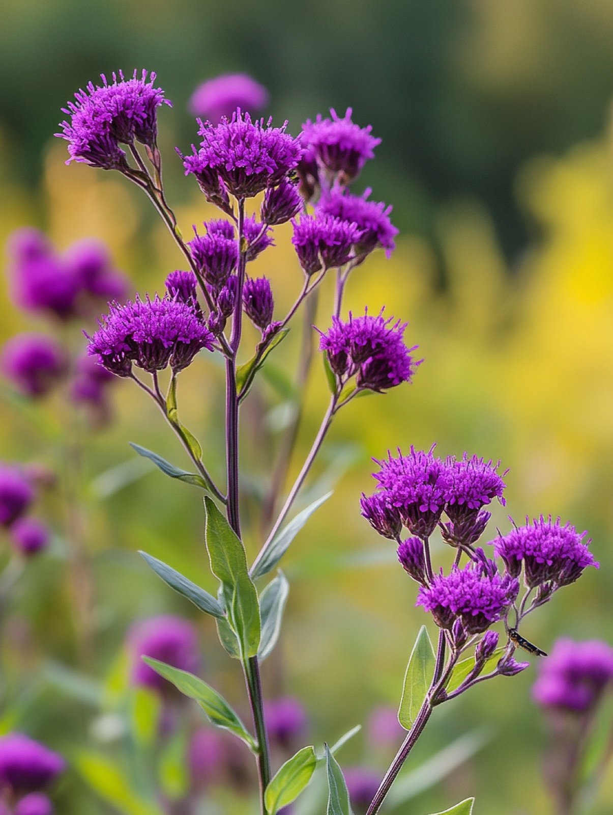 Vernonia — tiefviolette flache Blütenschirme auf hohen kräftigen Stängeln, von Faltern besucht