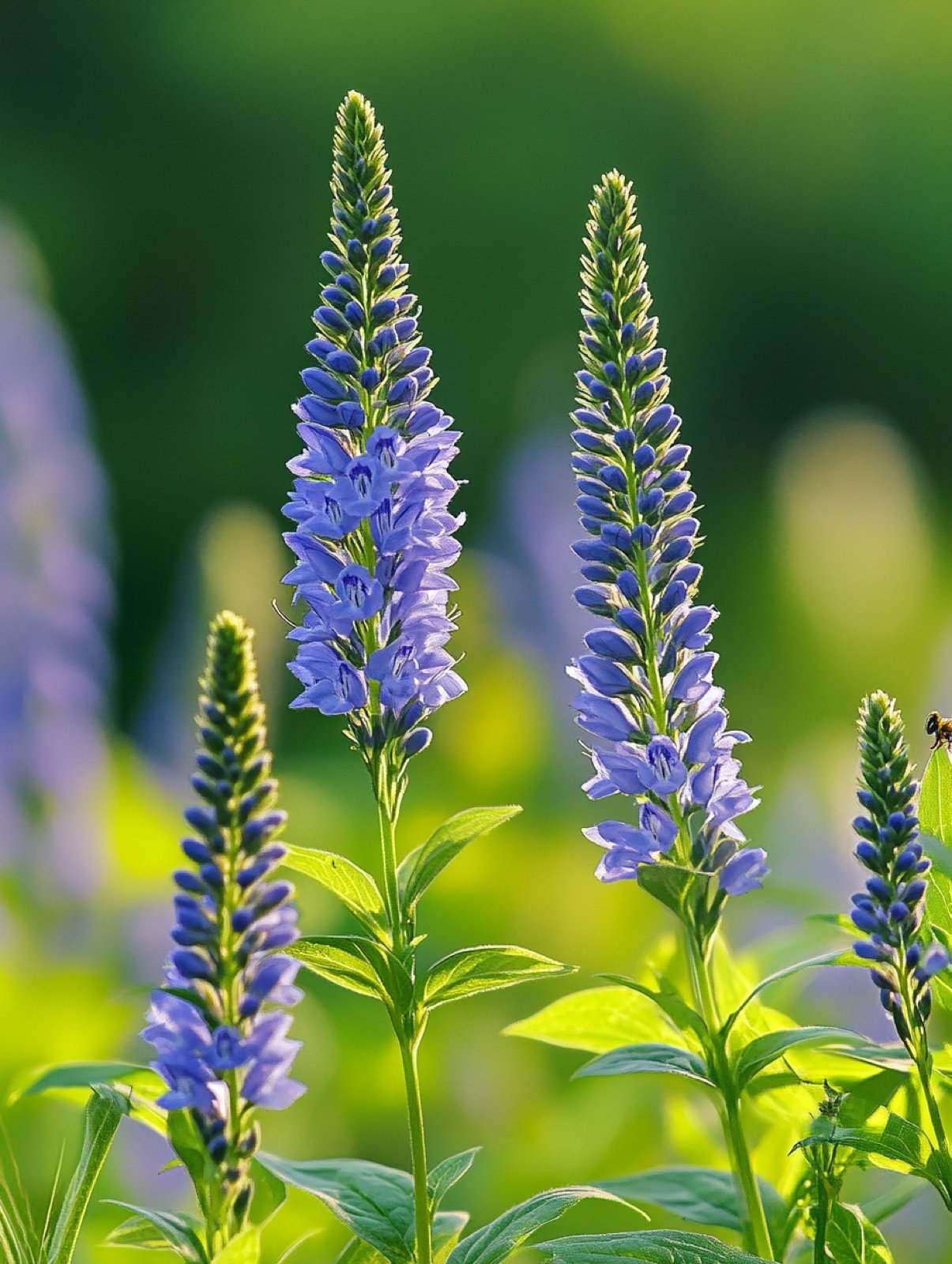 Veronica longifolia — schlanke blauviolette Blütenkerzen über frischgrünem Laub, von Bienen besucht