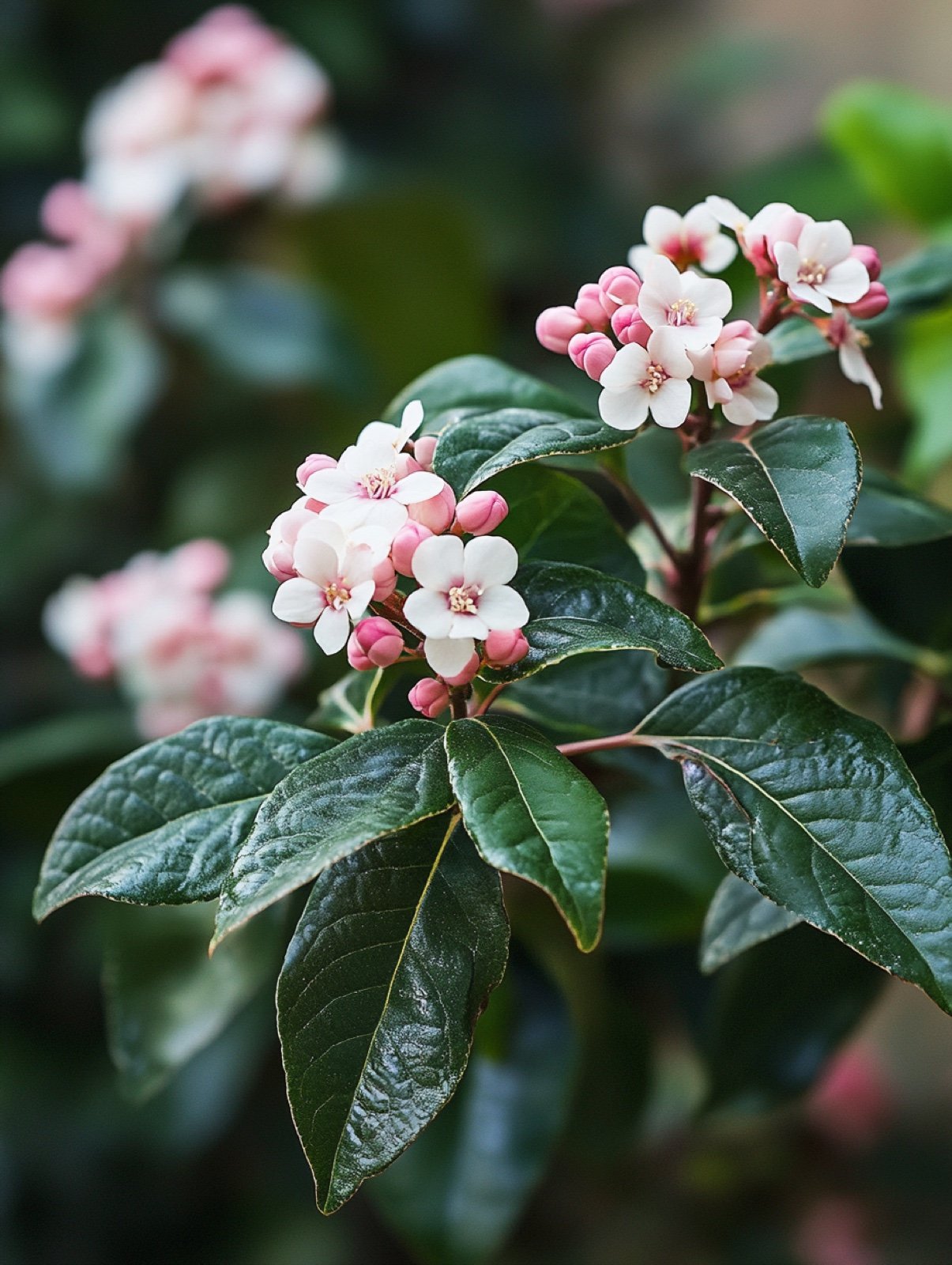 Viburnum tinus — wintergrüner Strauch mit rosa Knospen, die sich zu weißen Blütendolden öffnen