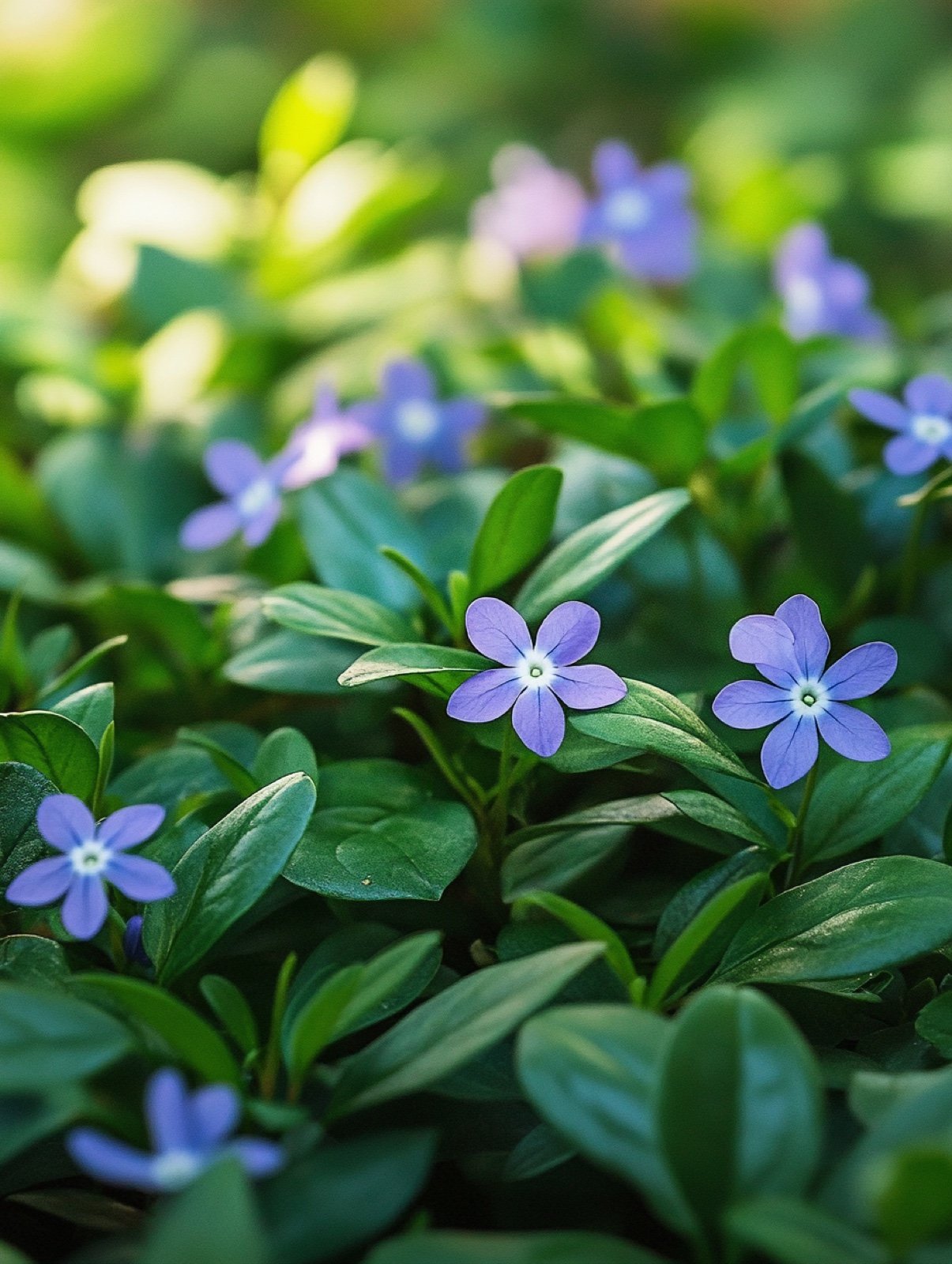 Vinca minor — immergrüner Teppich aus glänzendem Laub, übersät mit violettblauen Sternblüten