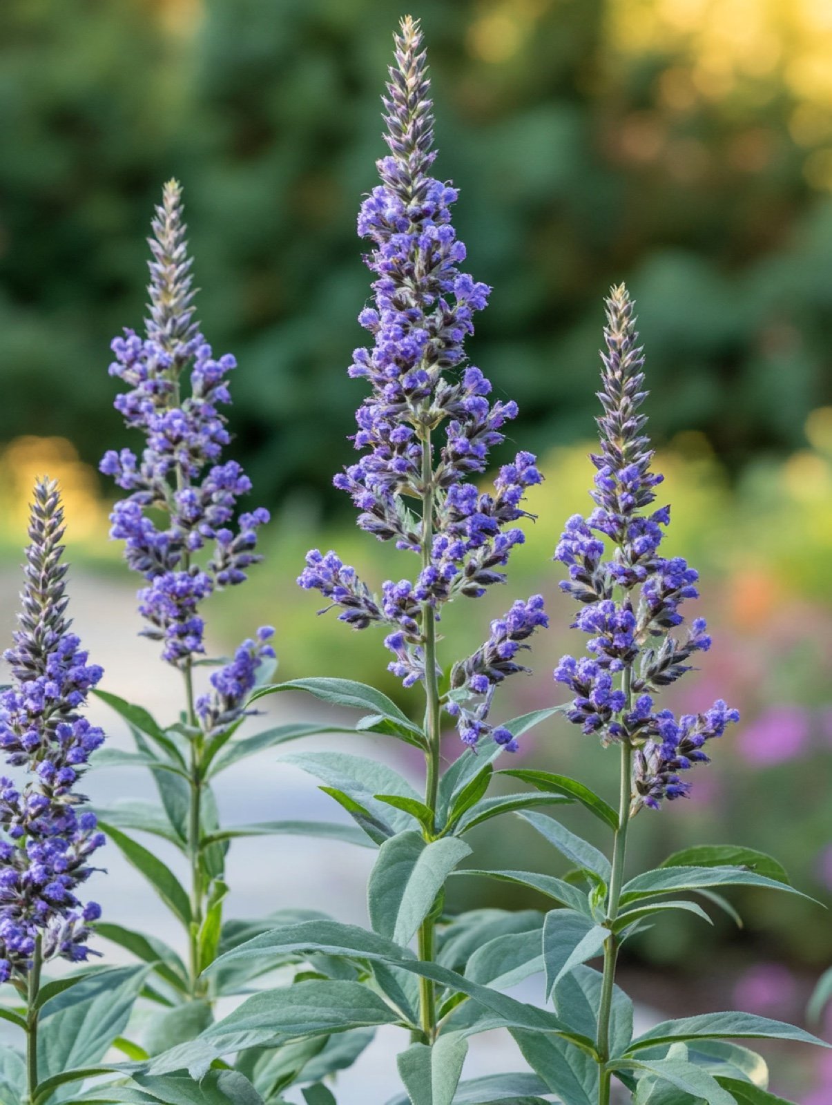 Vitex agnus-castus — violettblaue Blütenrispen über handförmigem graugrünem Laub in der Spätsommersonne
