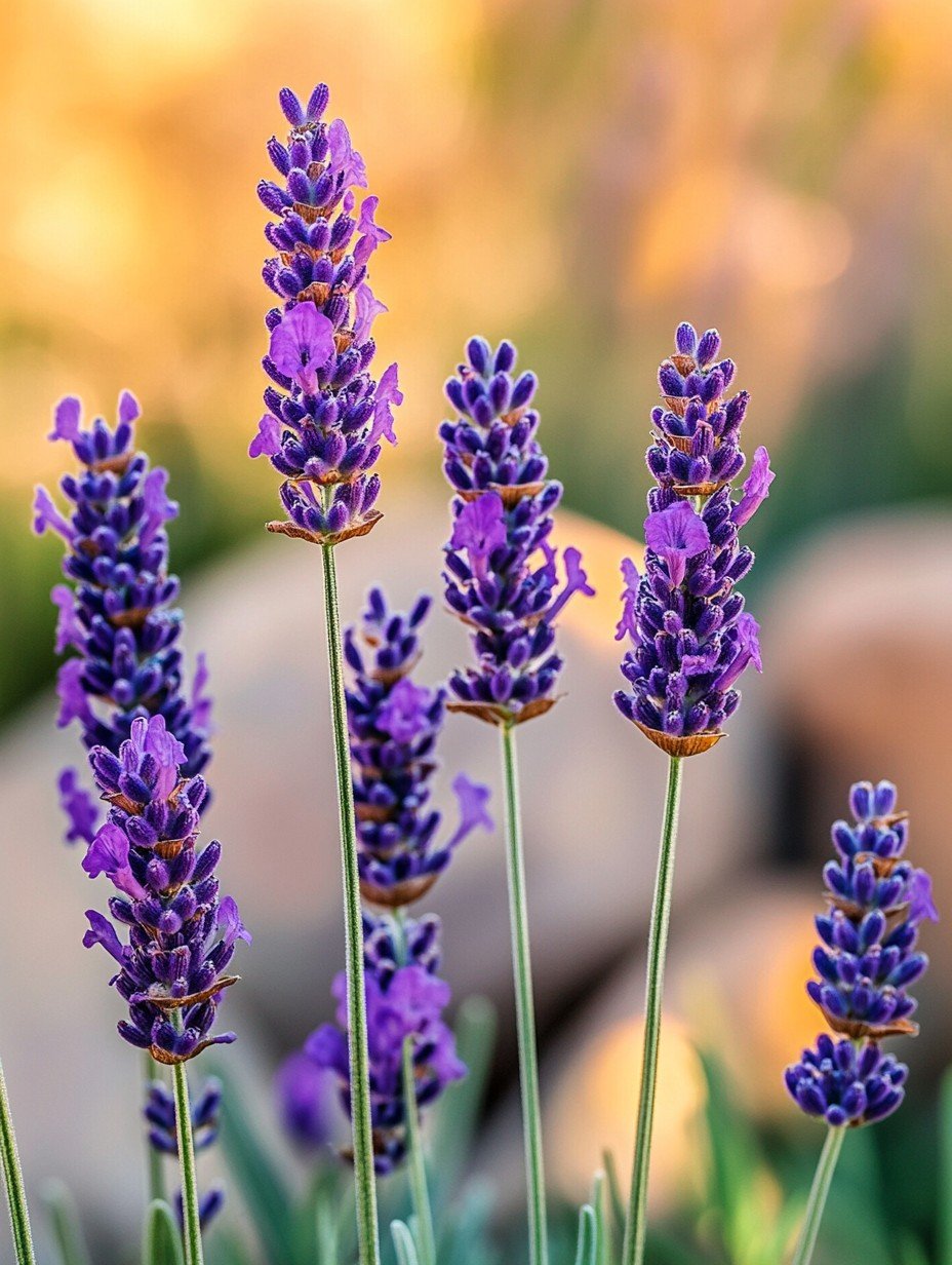 Lavandula angustifolia in voller Blüte — violette Ähren vor silbergrauem Laub in Sommersonne