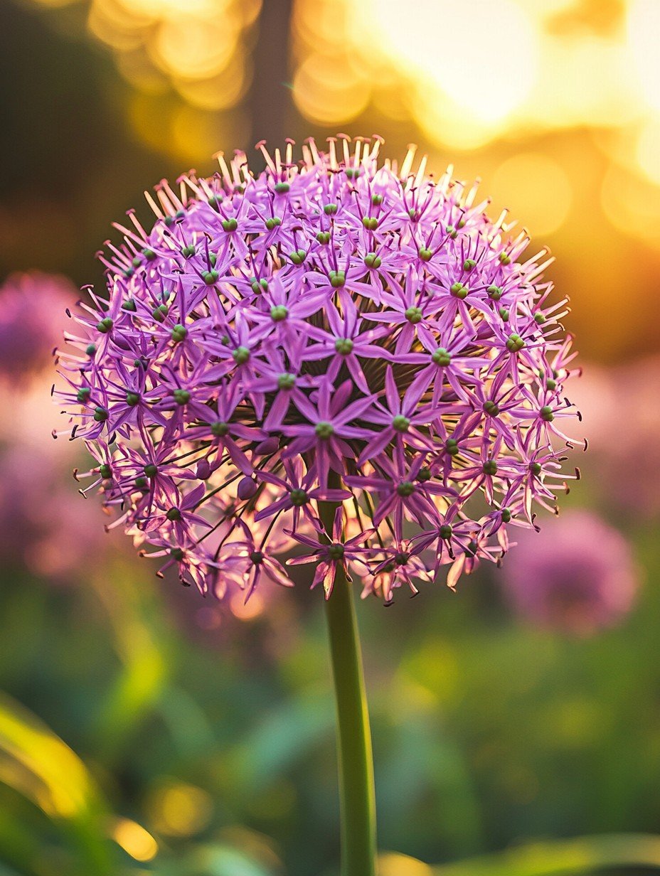 Allium cristophii — große sternförmige violette Kugeln in einer sommerlichen Rabatte