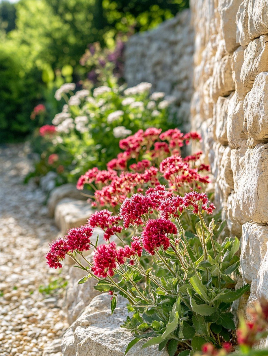 Centranthus ruber — rotrosa Blütendolden auf einer trockenen Steinmauer