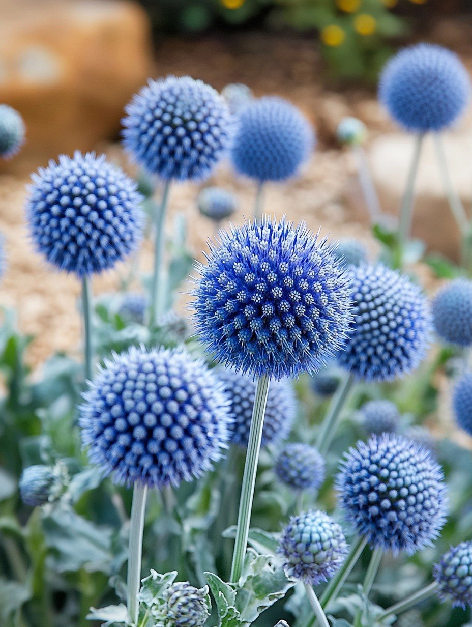Echinops ritro Veitch Blue — stahlblaue Distelkugeln voller Hummeln