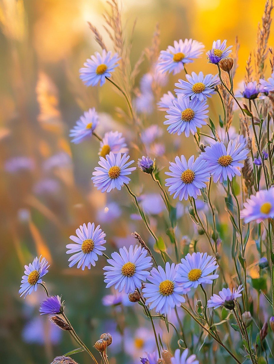 Symphyotrichum Little Carlow — lavendelblaue amerikanische Herbstaster voller Bienen