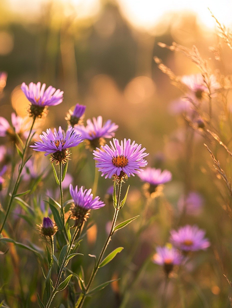 Aster novae-angliae — purpurne Herbstaster voller Bienen in der Oktobersonne