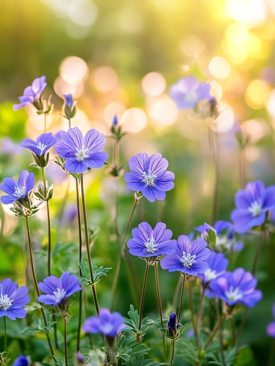 Geranium Rozanne — blau-violette Blüten über einem grünen Blatteppich im Sommerlicht