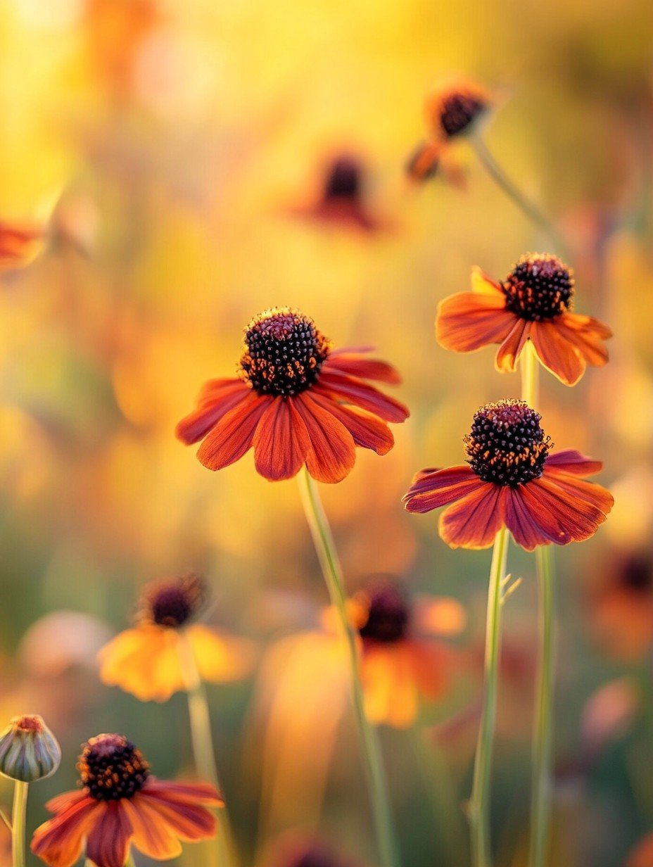 Helenium Moerheim Beauty — bronzerote Blüten mit braunem Herzen in einem Präriebeet