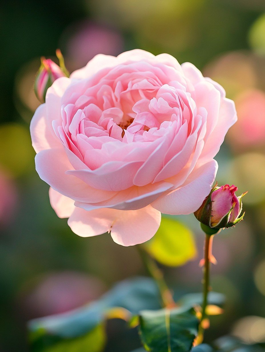 Englische Rose mit cremefarbenen Blüten in einem Cottage-Garten im Sommerlicht