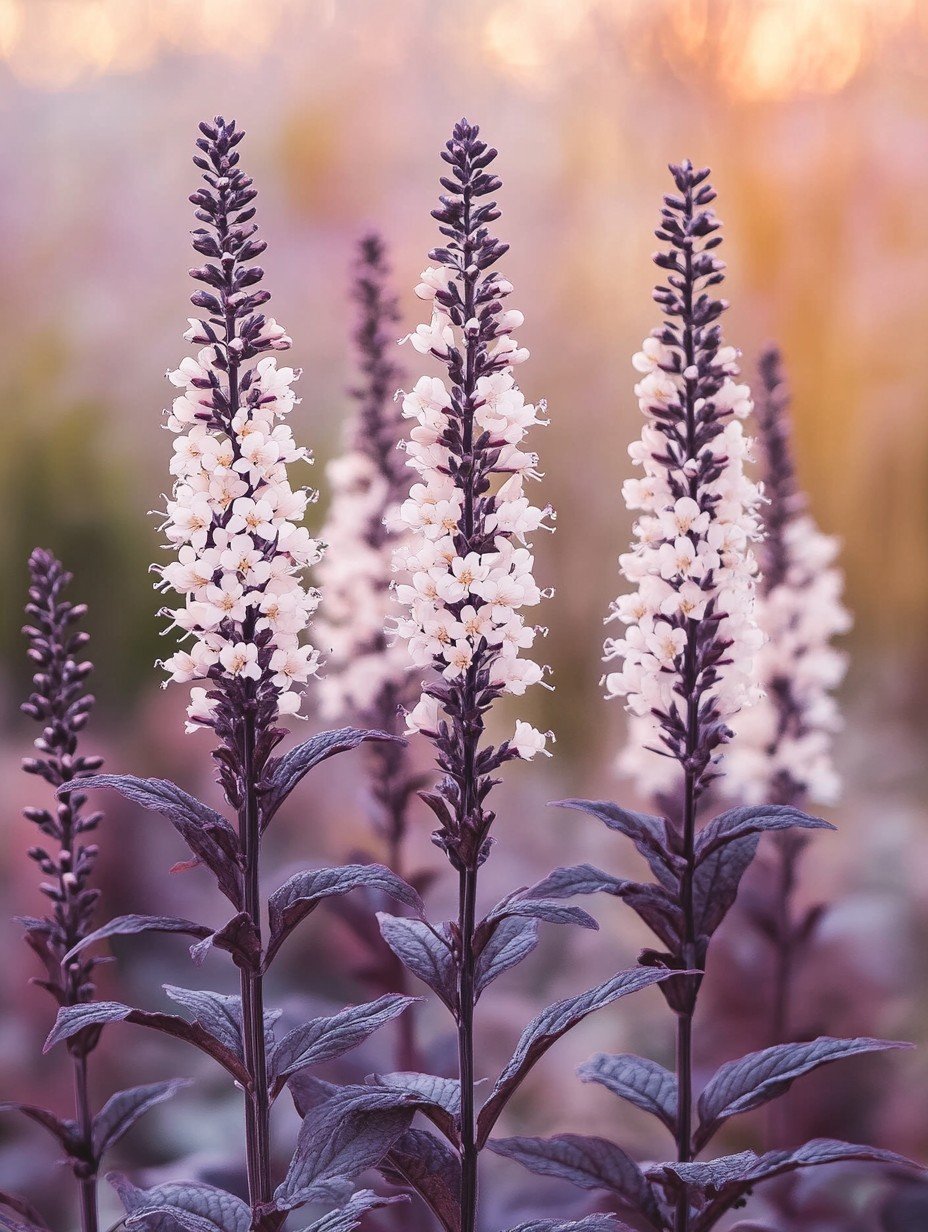 Actaea simplex Brunette — weiße Ähren über dunkel-bronzefarbenem Laub im Herbstlicht