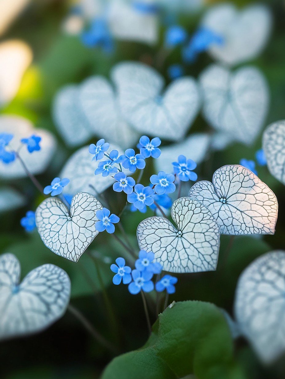 Brunnera Jack Frost — silbergestreiftes Laub mit blauer Vergissmeinnicht-Blüte