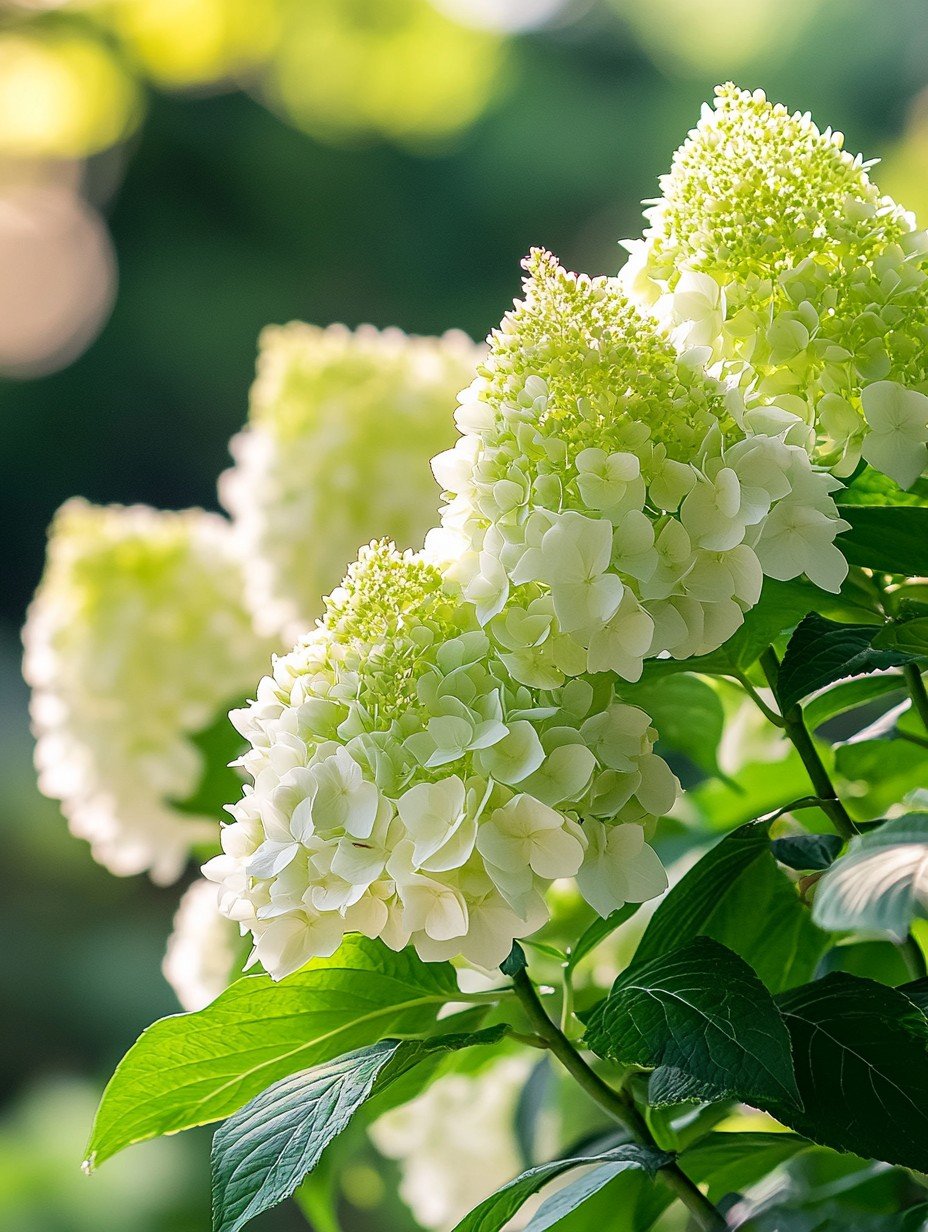 Hydrangea paniculata Limelight — große cremeweiße Rispen in einem sommerlichen deutschen Garten