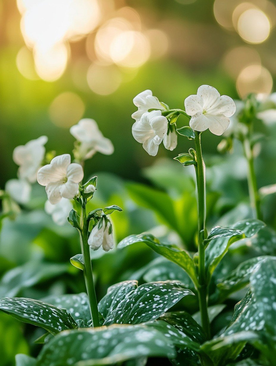 Pulmonaria Sissinghurst White — weiße frühe Blüte über silbergeflecktem Laub