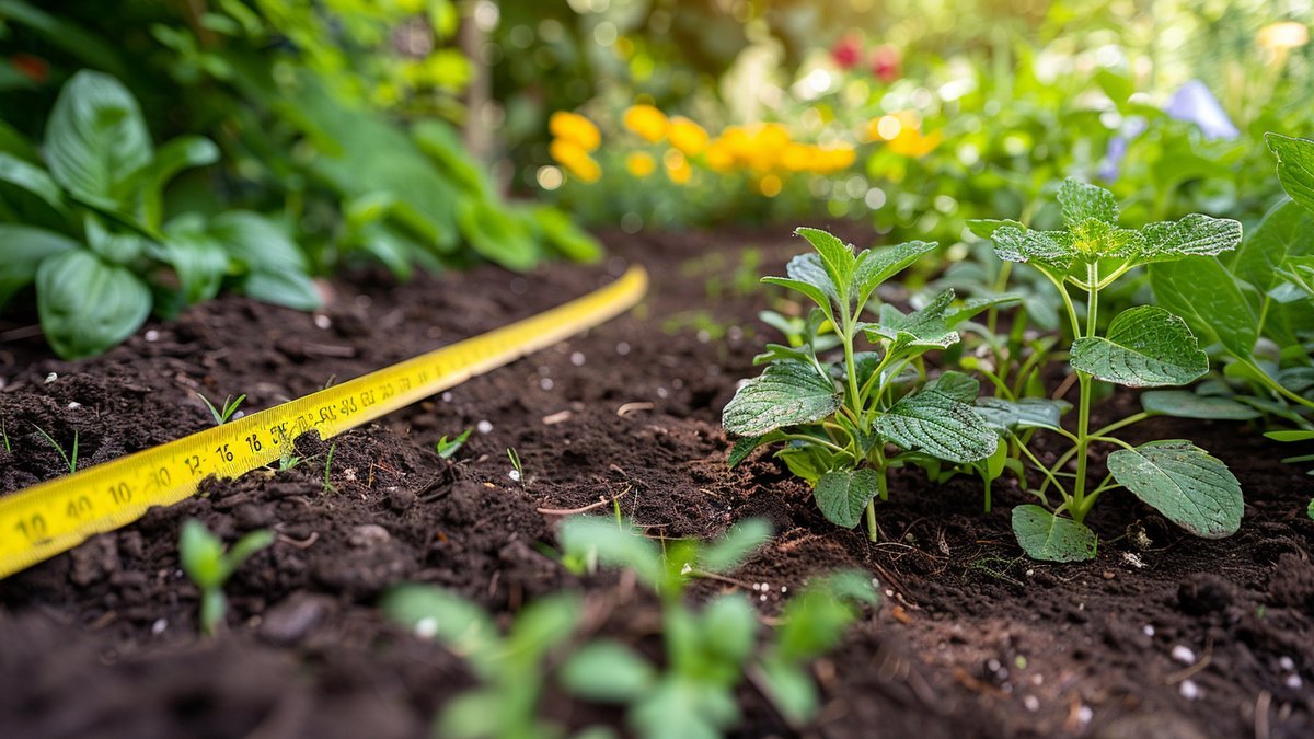 Maßband über frischer Gartenerde mit jungen Stauden bereit zum Pflanzen