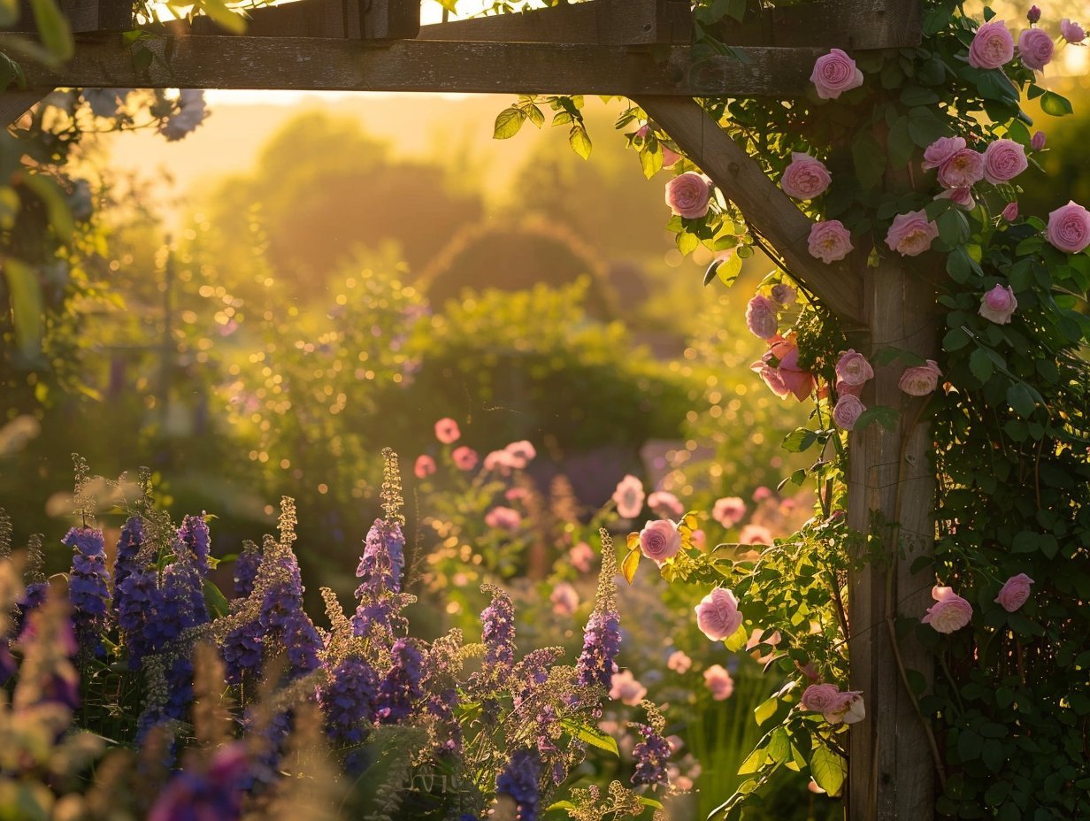 Romantischer Cottage-Garten mit Rosen und Clematis